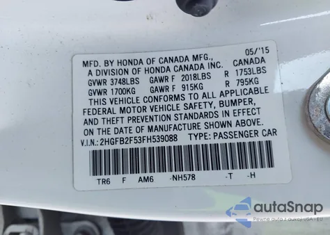 2015 Honda Civic Lx from USA, damaged, VIN 2HGFB2F53FH539088